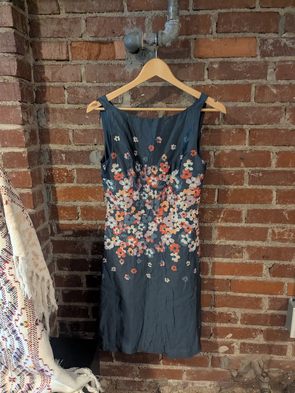 LOFT Navy Floral Midi Dress with Coral and Cream Blossoms